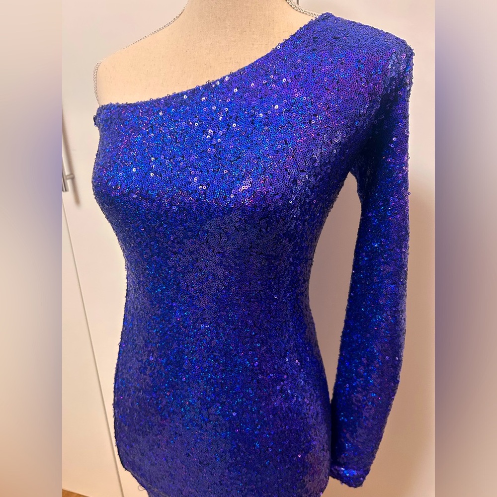 Micro Sequin Stretch One Sleeve Indigo Dark Purple Festive NYE Dress